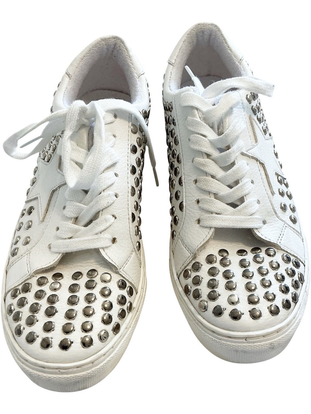Steve Madden Women’s Phunky Studded Sneaker Lace Up White Silver Size 9
